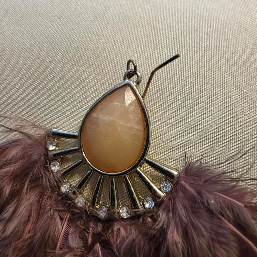 Brown & pink feather earrings with rhinestones